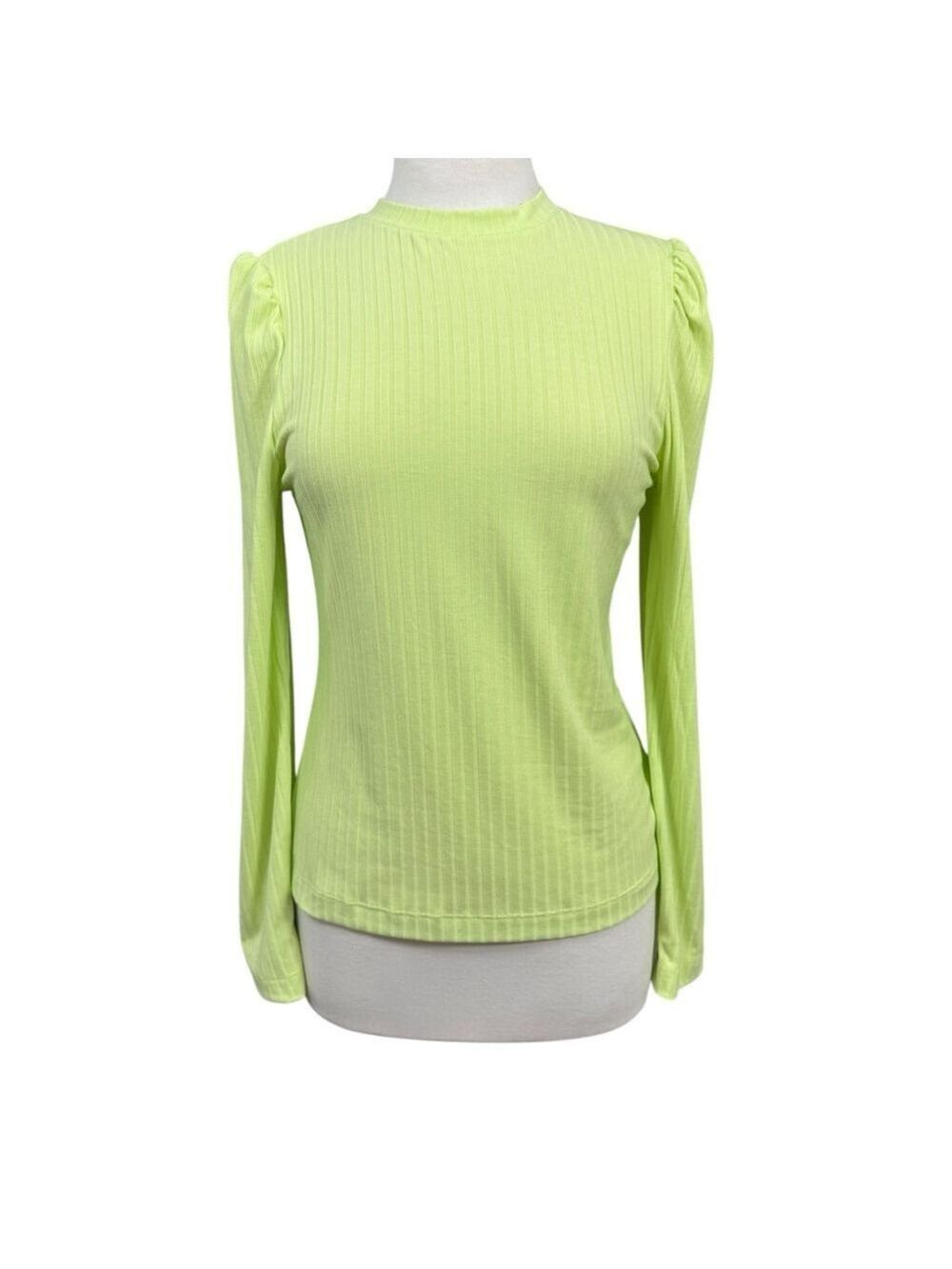 Ophelia Roe lime green ribbed puff shoulder long sleeve top size M NWT